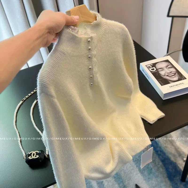 半高领防水貂针织毛衣女2025春韩系轻熟风宽松显瘦保暖打底衫上衣