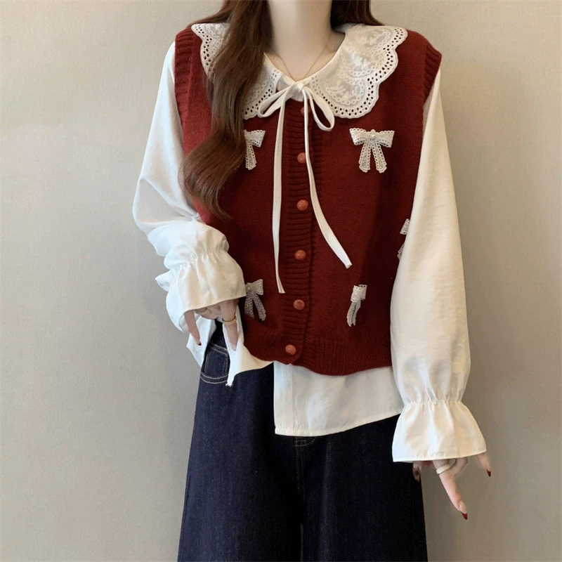 微胖妹妹大码2025春季新款针织马甲女宽松娃娃领长袖衬衫两件套潮