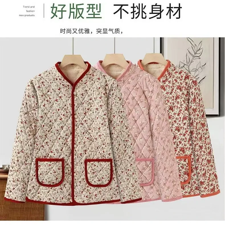 女装加绒保暖印花小立领冬季气质优雅轻薄棉服