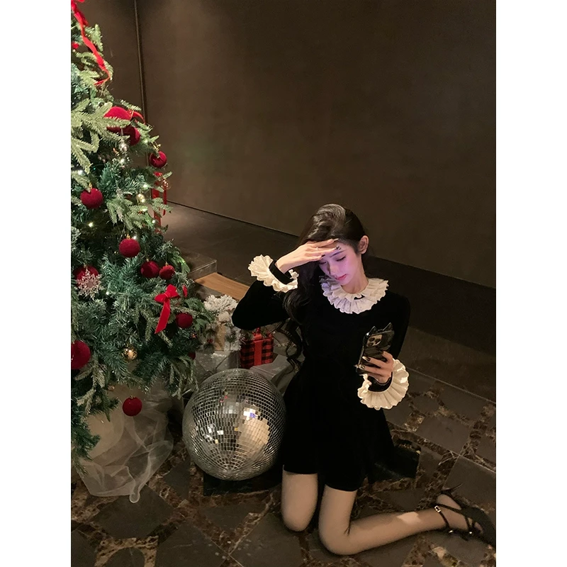 芭比姨【留洋大小姐】 古着花边蕾丝领丝绒连衣裙女