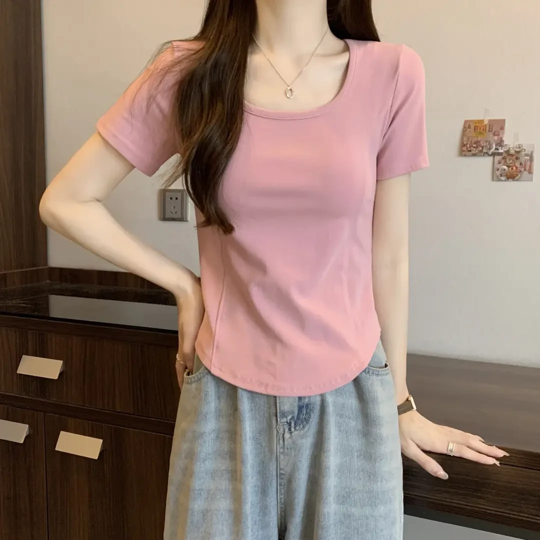 正肩短袖t恤夏季大码胖mm甜辣纯欲风U领遮肚显瘦不规则内搭上衣