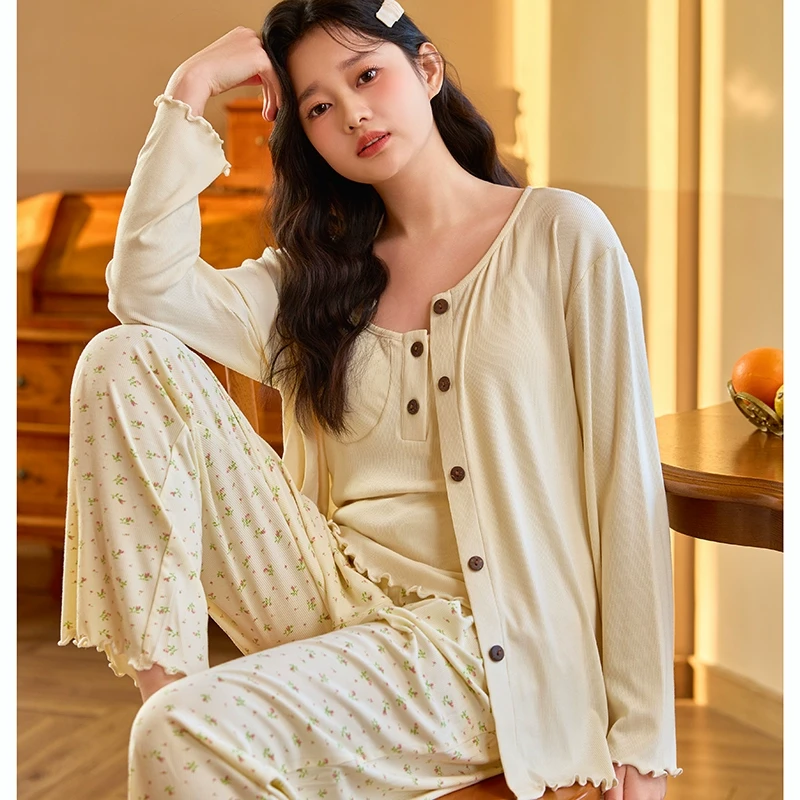 带胸垫月子服春秋产后莫代尔田园风哺乳家居服夏孕妇睡衣6302