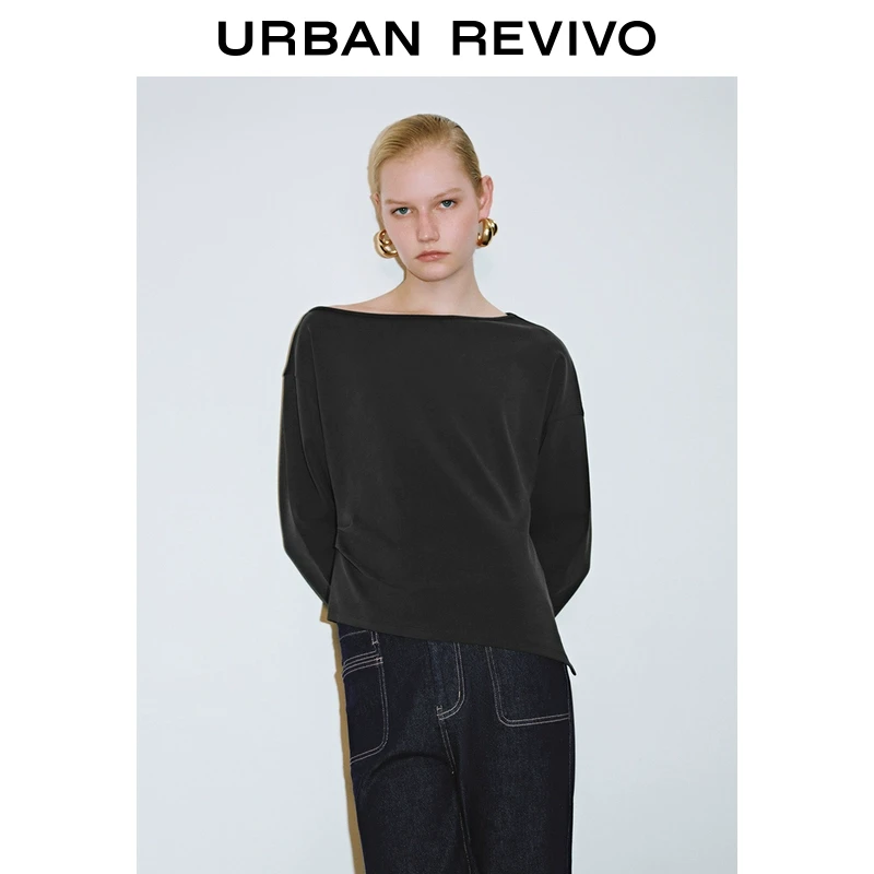 UR2025秋季新款女装不规则设计感斜肩领宽松长袖T恤UWM450012
