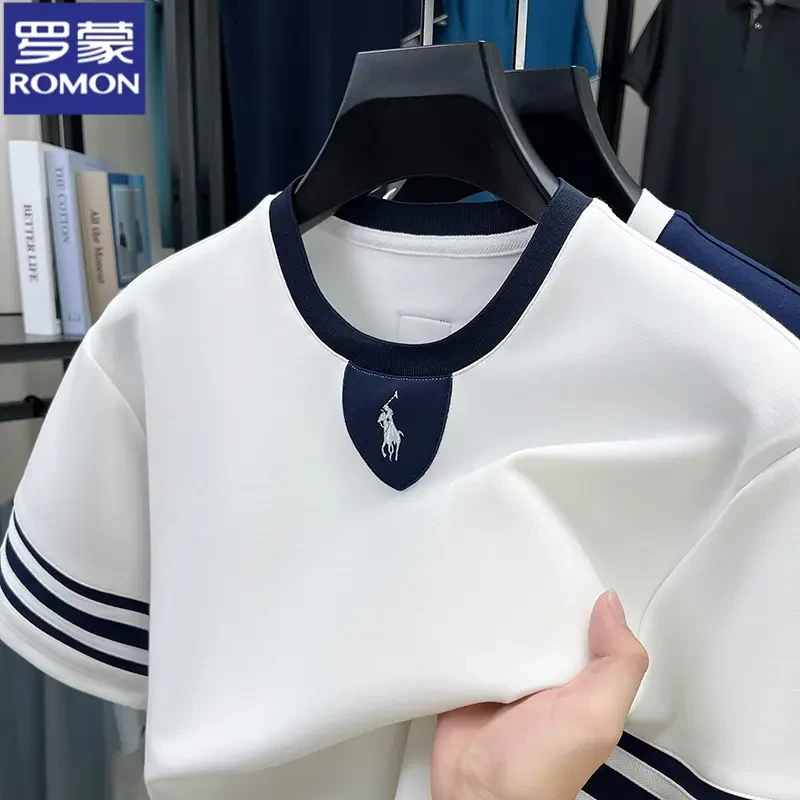 罗蒙夏季男士短袖T恤衫轻奢马标刺绣上衣宽松透气半袖翻领POLO衫