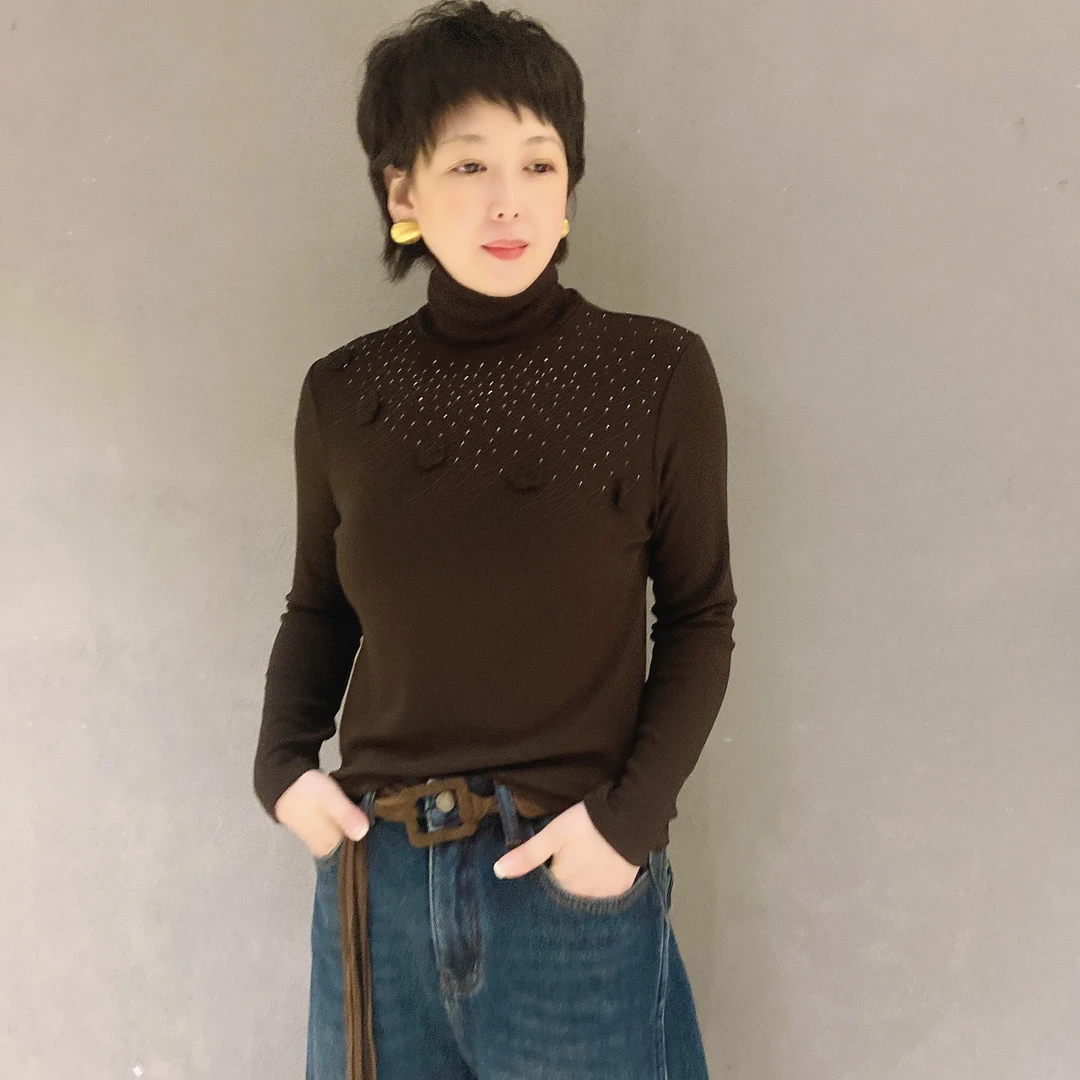 金姐推荐新款时尚显瘦高领烫钻长袖加厚百搭打底衫