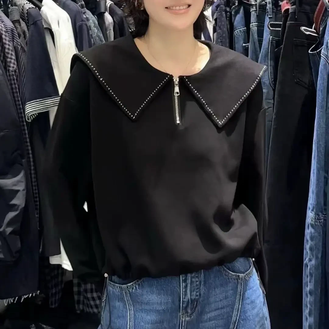 拉链春季秋季短款卫衣翻大领上衣
