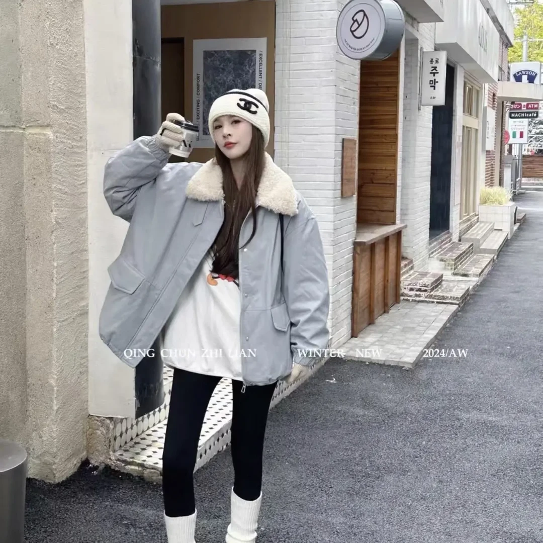 韩版显瘦派克服女冬季加绒加厚夹棉宽松休闲工装翻领冲锋衣上衣