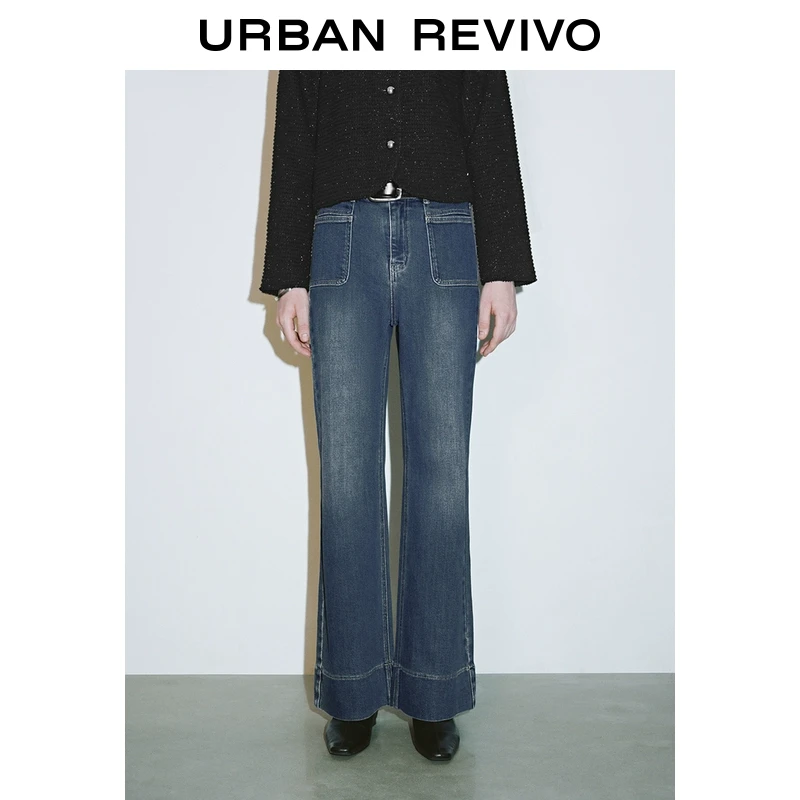 UR2025春季新款女装欧若风休闲水洗高腰微喇牛仔长裤UWM850031