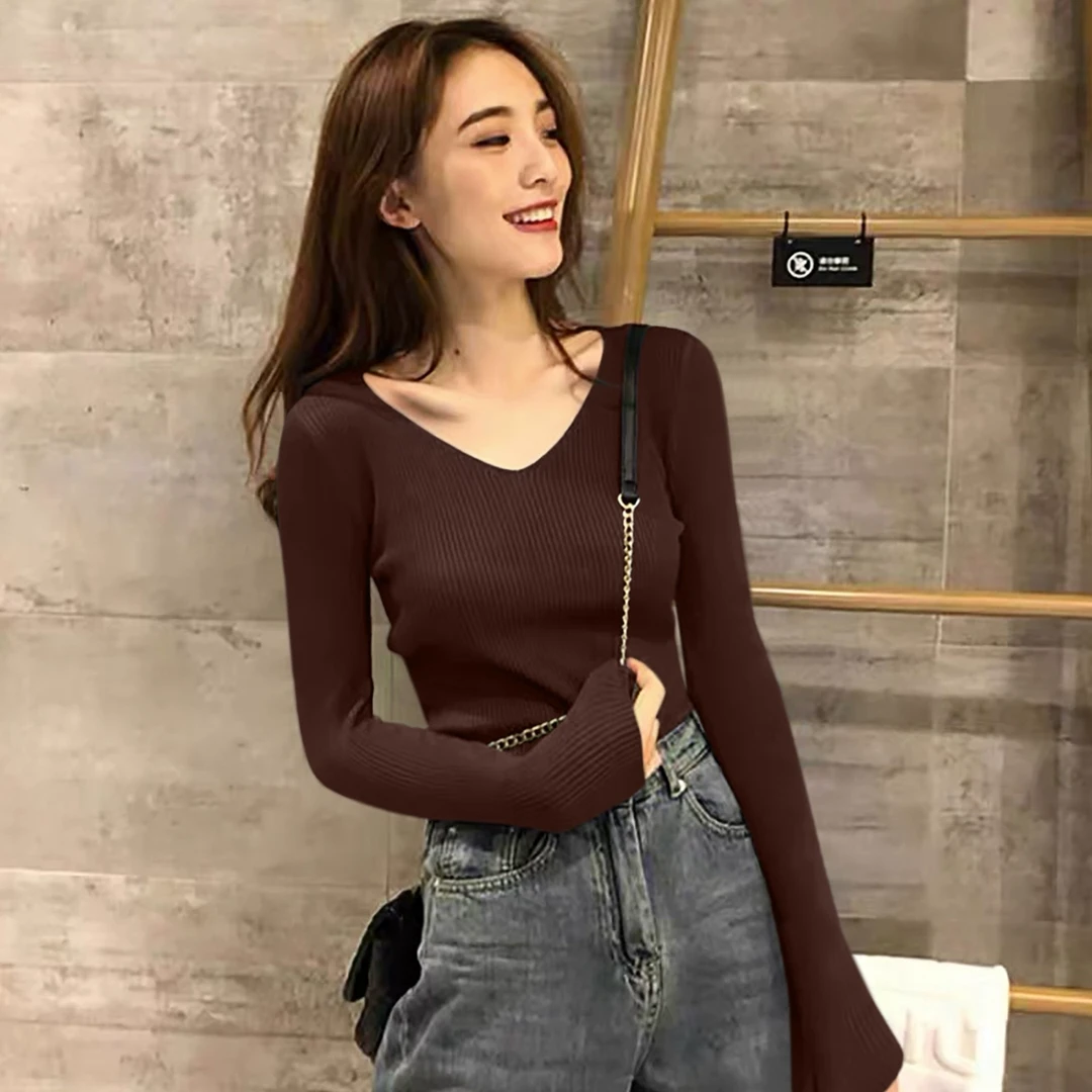 深色系气质百搭针织打底保暖上衣女2025年春季新款V领修身打底衫
