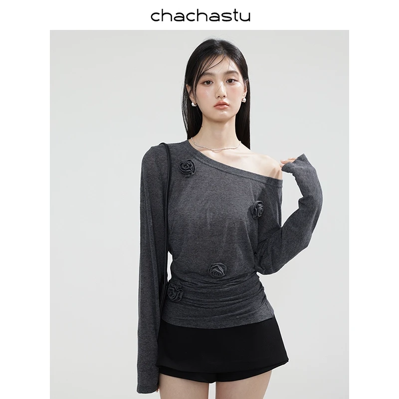 CHACHASTU【 期待春日】松软零压感显瘦褶皱一字肩花朵上衣 ZRS1382