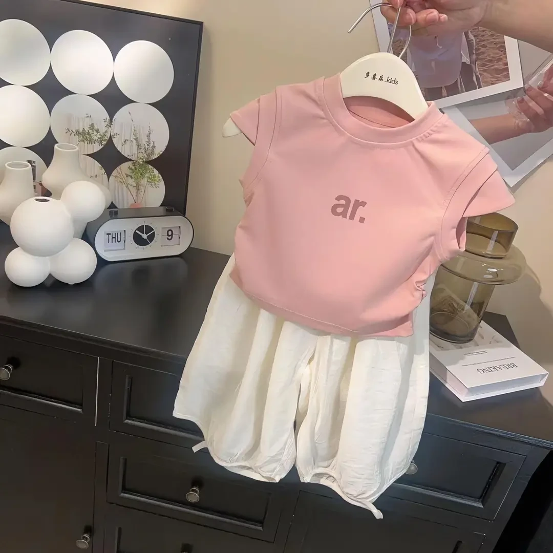 现货圆子家 女童夏季套装女宝宝T恤儿童防蚊裤九分裤休闲两件套