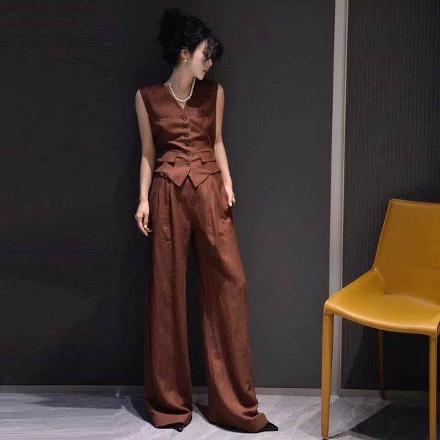 高级感亚麻休闲时尚职业套装夏季2025新款修身马甲阔腿裤两件套