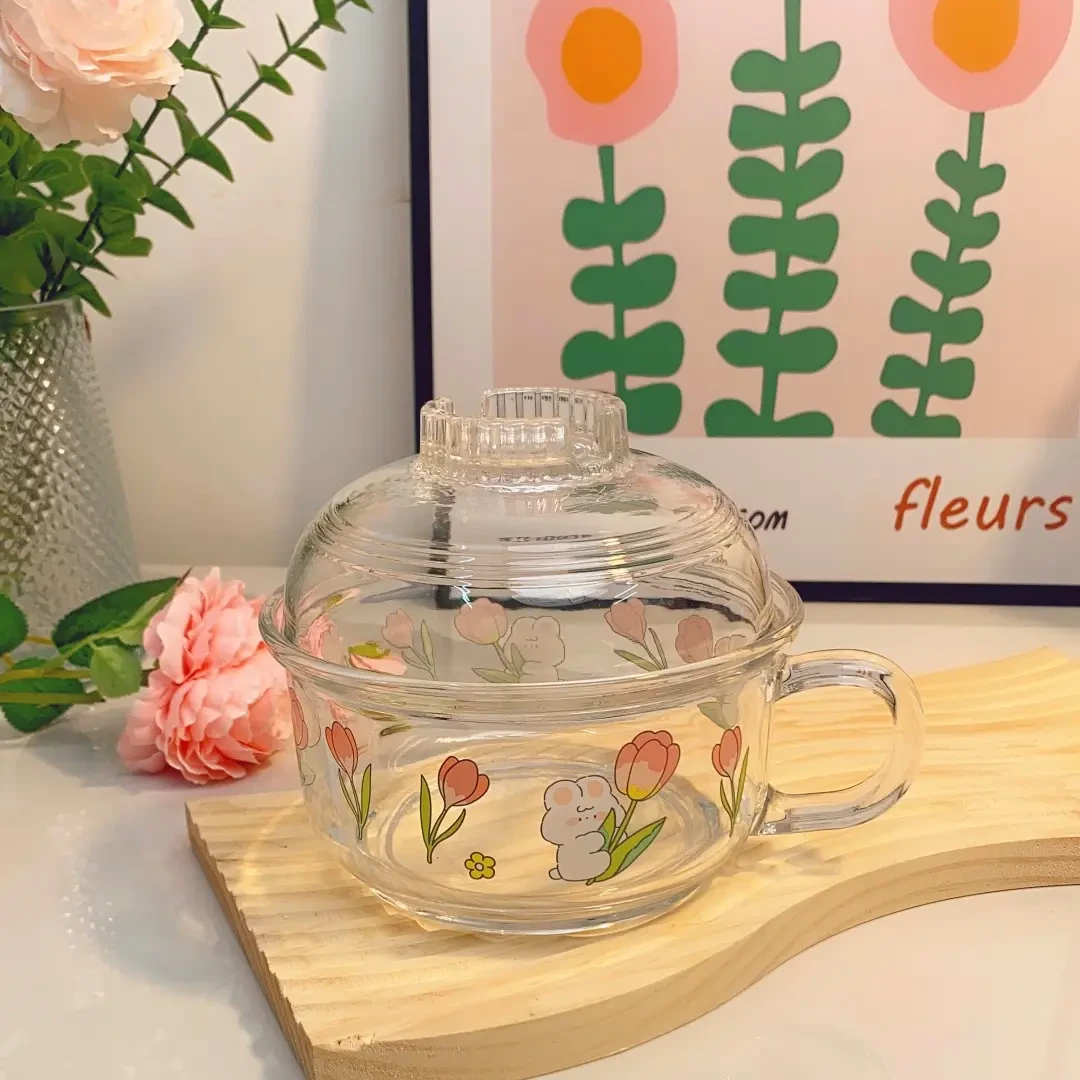 花与兔带盖汤碗透明家用泡面碗1L大容量