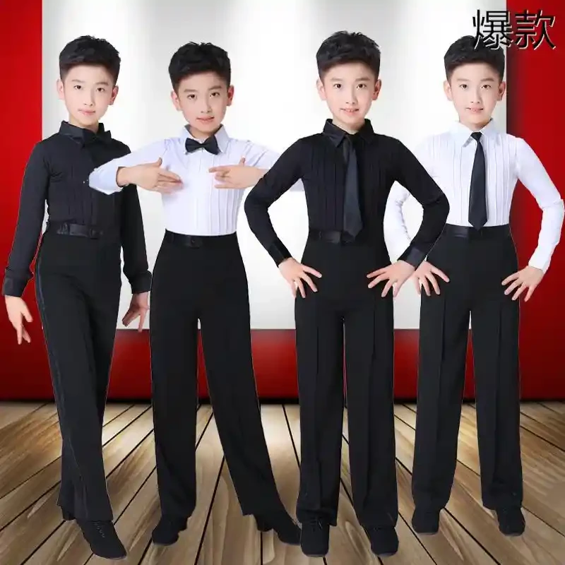 男孩拉丁舞服装儿童规定标准考级服男童练功服少儿白色舞蹈演出服