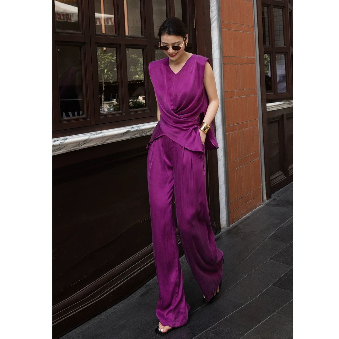 设计感时髦洋气套装女2025夏季新款铜氨丝交叉无袖上衣长裤两件套