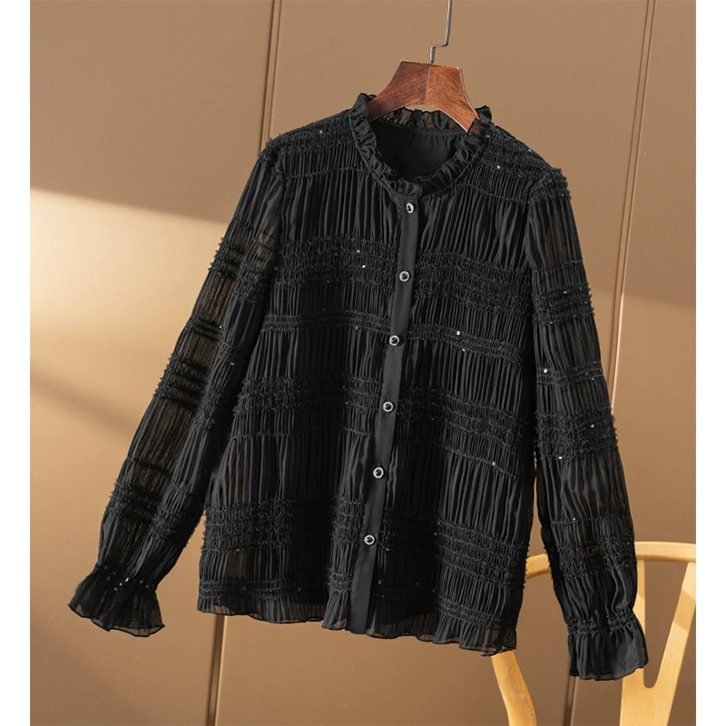 春天家 早春 重工打造 法G亮片打揽褶皱木耳边圆领衬衫女9U13