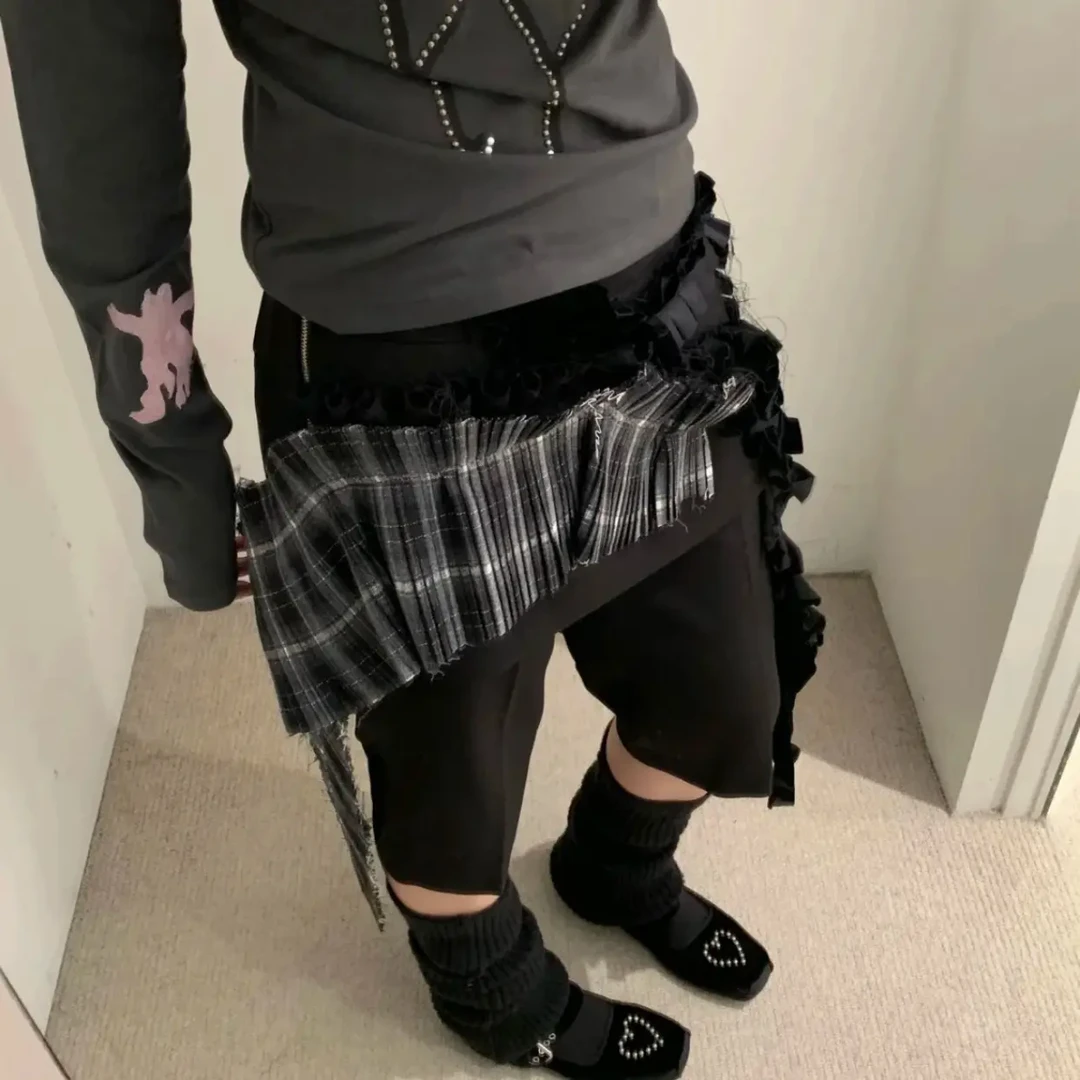 OPENYY25AW格纹风琴褶拼接七分裤