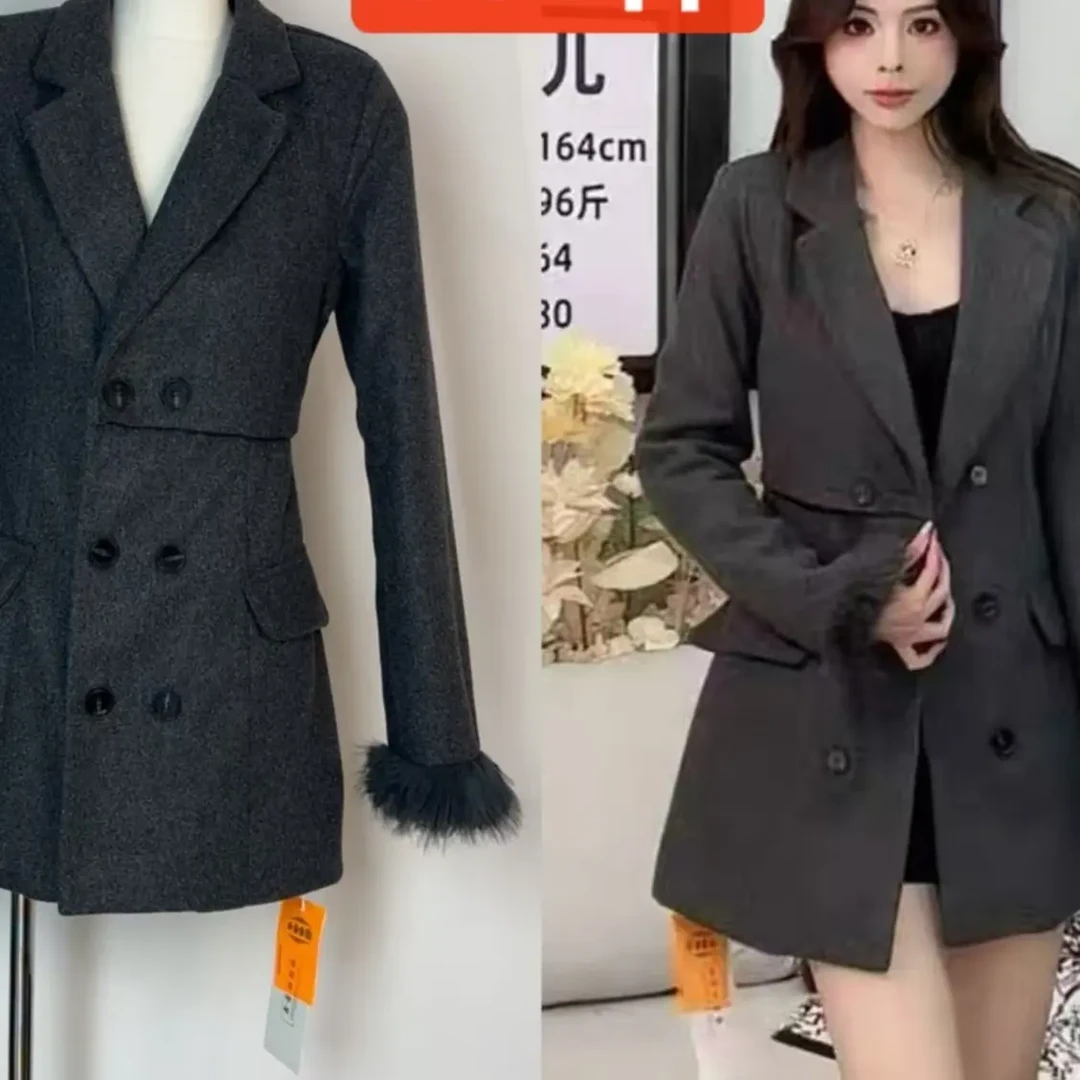 黑色毛呢外套女秋冬气质收腰V领加厚设计感毛毛袖宽松大衣