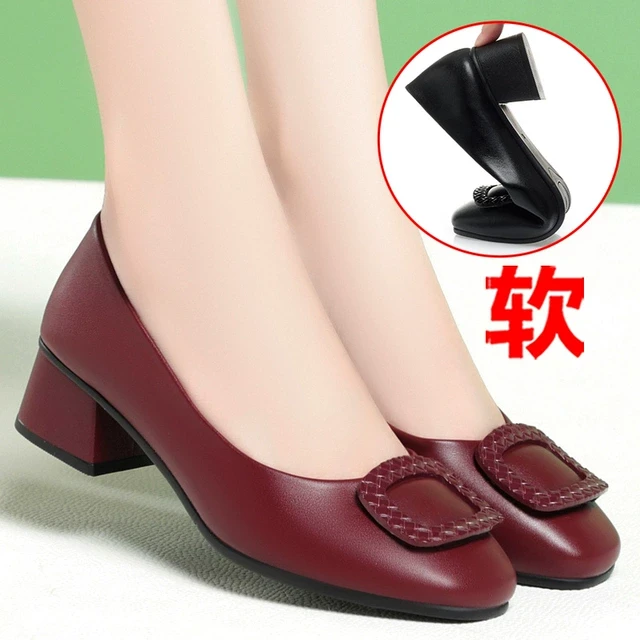 单鞋真皮瓢鞋软底子年2025皮鞋春季中年妈妈鞋一脚蹬红色圆头女鞋