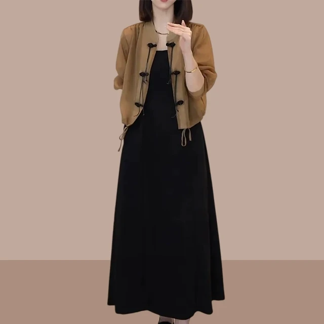 胖mm显瘦连衣裙2025夏新款大码国风盘扣衬衫气质百搭吊带裙两件套