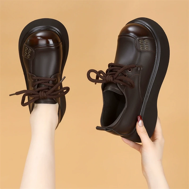 欧货复古小皮鞋女2025春季新款英伦厚底增高显脚小系带黑色乐福鞋