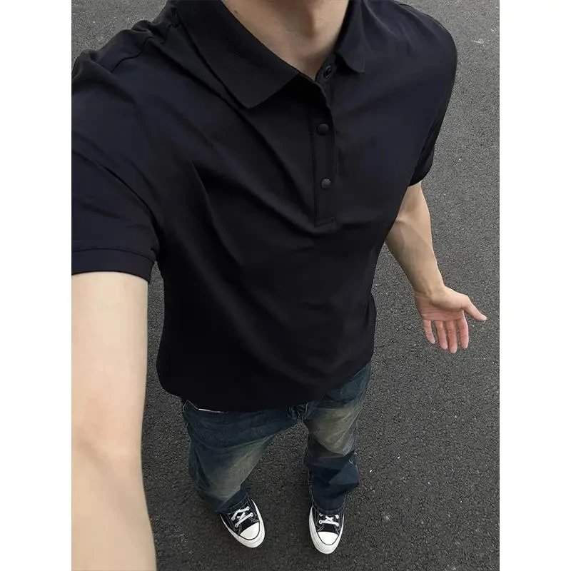 黑色美式正肩短袖polo衫男夏季亨利领翻领T恤高级感痞帅重磅半袖
