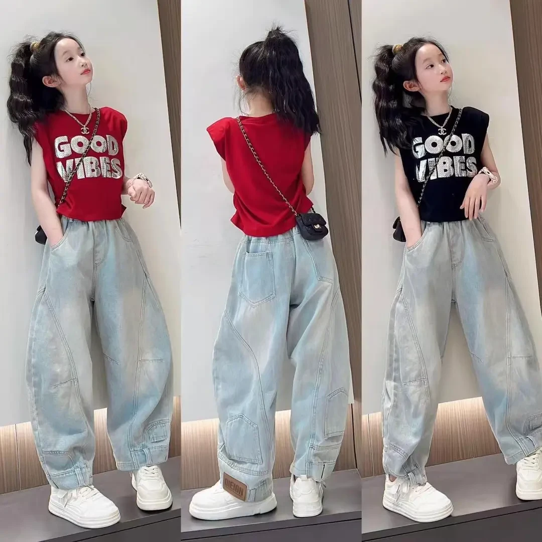 女童夏季套装2025新款洋气中大童背心T恤薄款弯刀牛仔裤两件套潮9