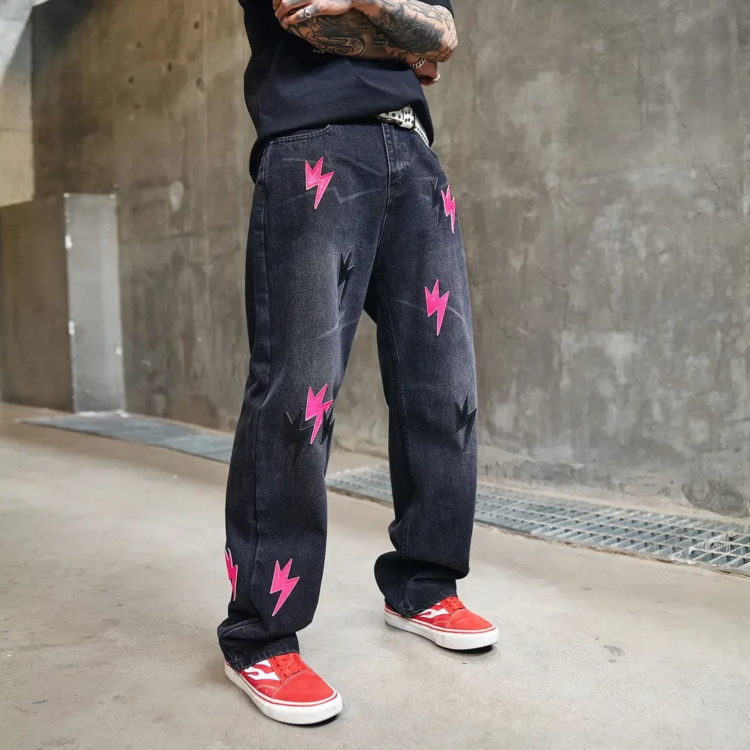 新款潮牌宽松直筒黑色水洗纹牛仔裤高街大码胖子男女同款限定