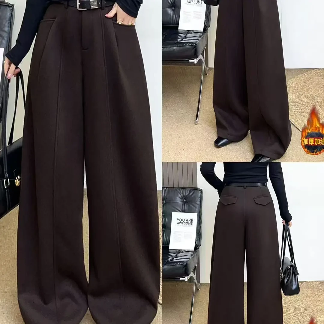 秋冬新款加绒加厚高腰阔腿直筒休闲女裤百搭显瘦