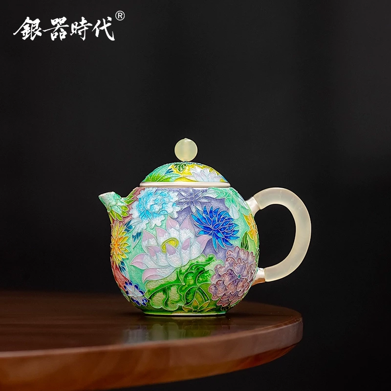 银器时代 银壶 足银999泡茶壶万花齐放龙蛋壶七宝烧掐丝高工茶壶