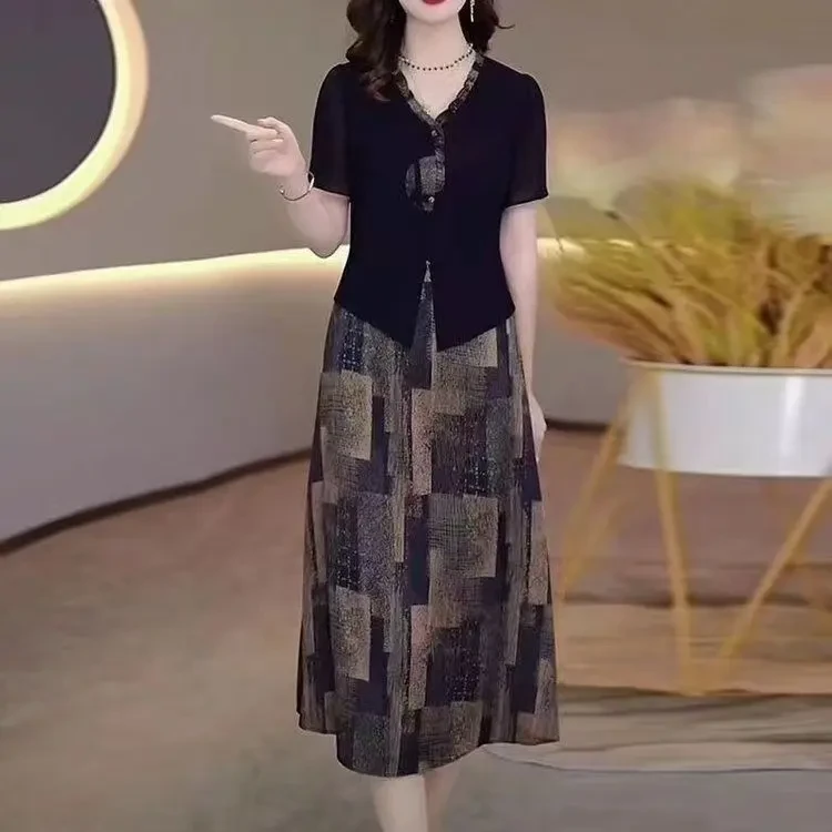 13-优雅气质减龄收腰显瘦短袖中长款夏季假两件连衣裙