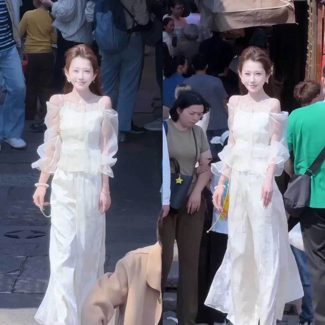 《一眼万年》（长袖版）绣花白皙超仙刺绣上衣 国风蕾丝阔腿裤新款女