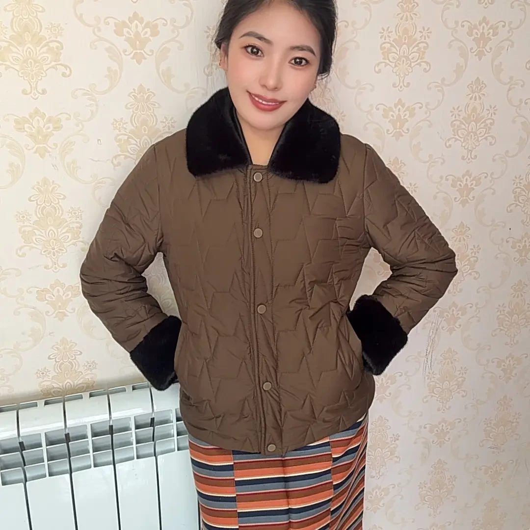 时尚妈妈秋冬毛领翻领显瘦短款棉服外套中老年