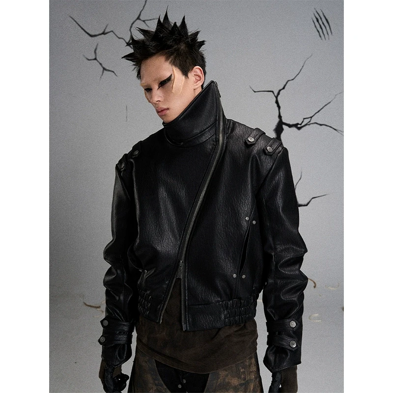 FLYERRER 24AW原创"异变"系列 斜拉链立领小弯袖短款皮衣夹克