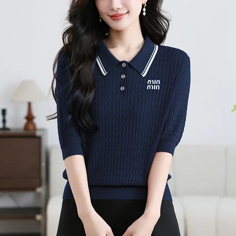 新款时尚冰丝短袖T恤夏季遮肚显瘦洋气女装漂亮小衫流行针织衫