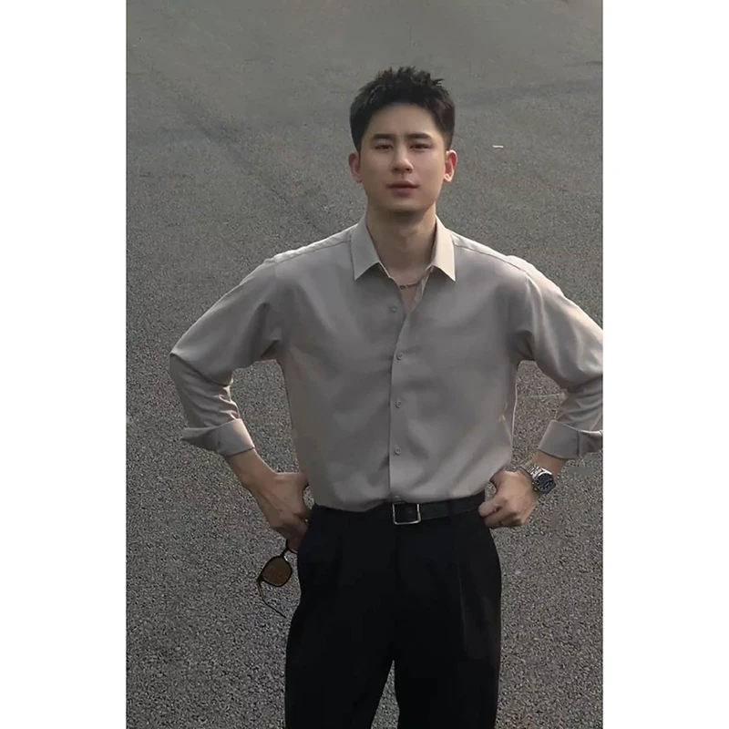 高级感痞帅男士长袖衬衫秋季那不勒斯浅灰色衬衣垂感冰丝防晒上衣