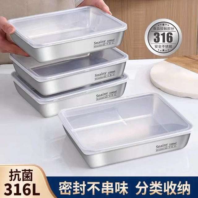 保鲜盒316L不锈钢食品级方盘长方形密封冷冻盒子摆摊专用带盖方盒