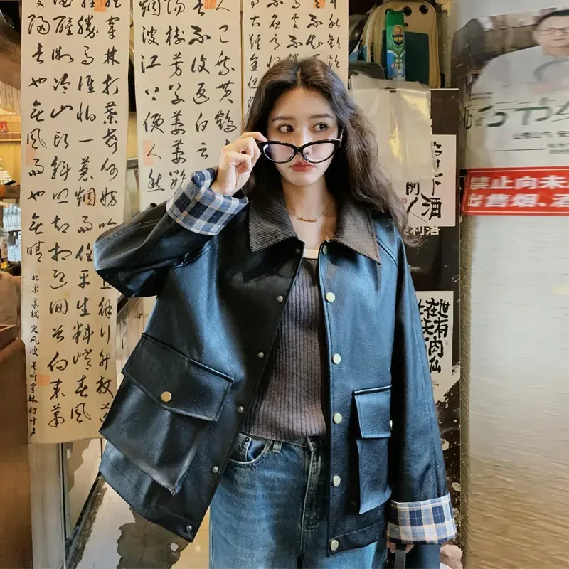 简约韩系皮衣外套女2025春秋新款复古氛围感甜酷炸街机车风夹克潮