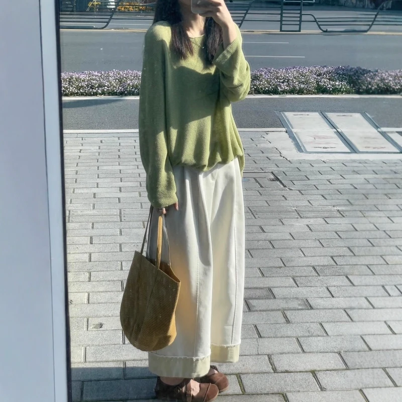 森绿色亚麻冰丝针织衫女夏季薄款松弛感宽松百搭防晒上衣气质罩衫