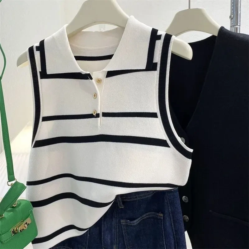 POLO领条纹无袖背心女夏季新款冰丝针织衫上衣宽松显瘦百搭T恤女