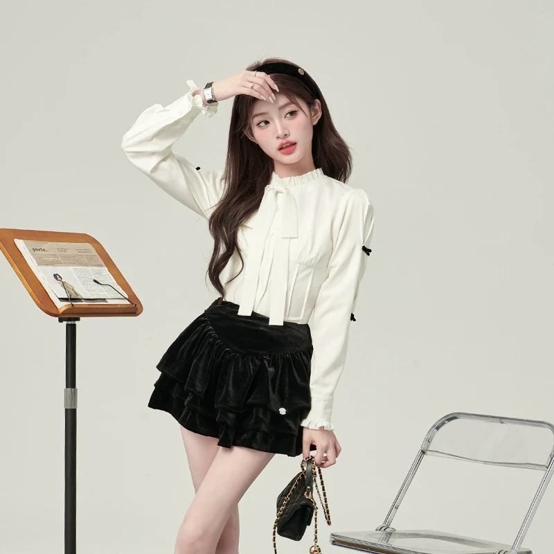 清030花铃太太学院风女蝴蝶结上衣甜美设计感长袖早秋季白衬衫