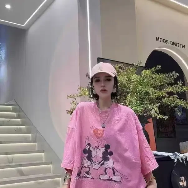 粉色米奇印花~欧货新款时尚减龄水洗印花圆领短袖T恤女宽松慵懒