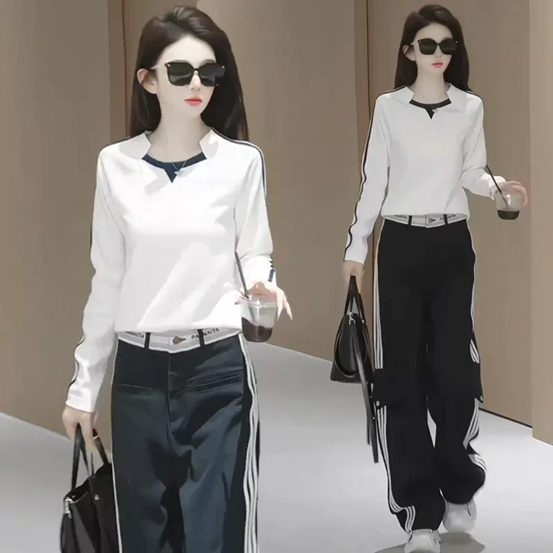 时尚套装女春秋季新款显瘦百搭长袖T恤休闲条纹工装阔腿裤两件套