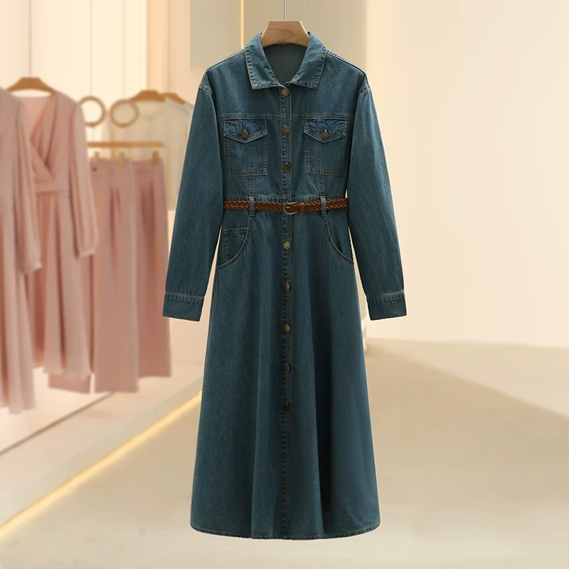 【SE】纯棉牛仔显瘦翻领长袖连衣裙2025春撤柜女装设计师品牌