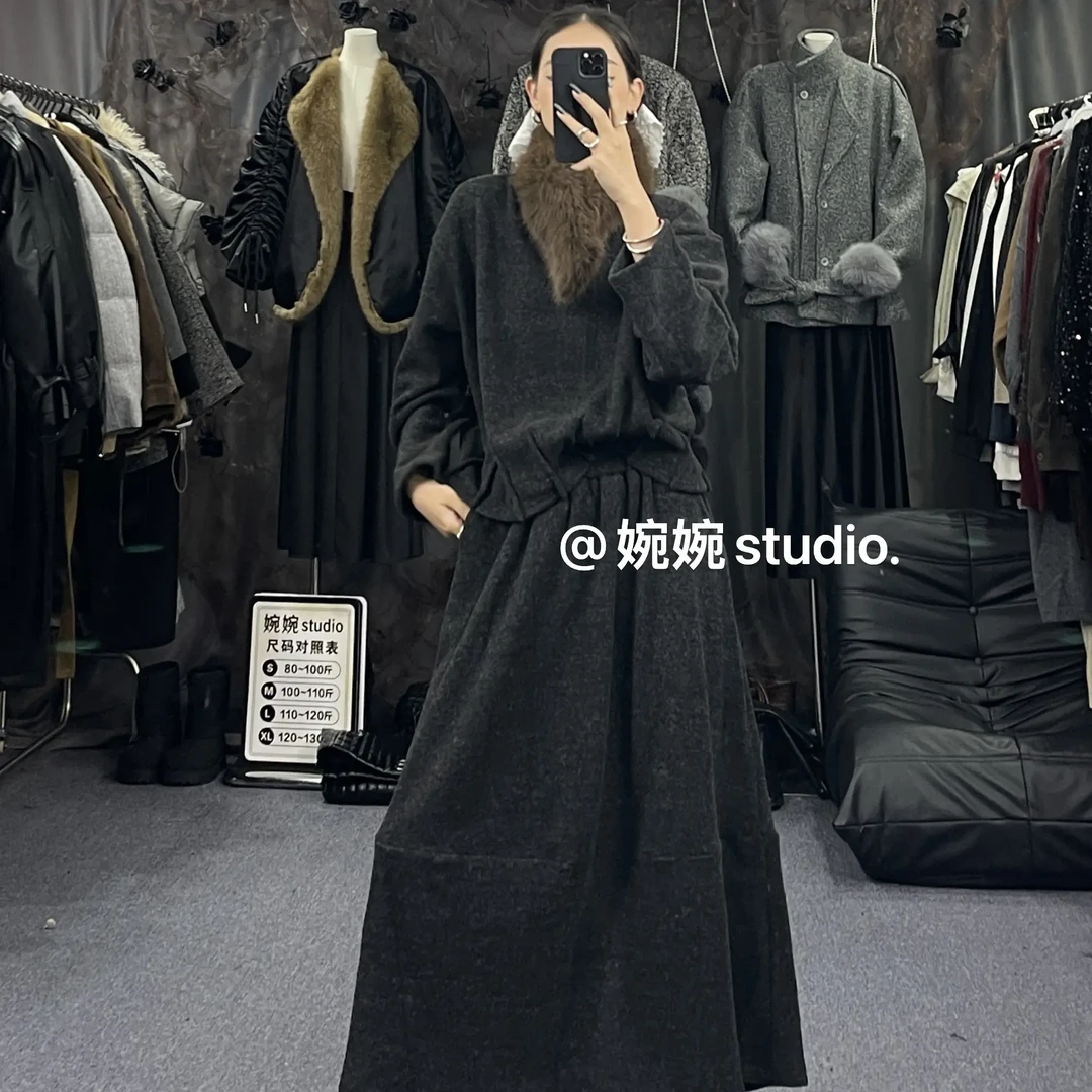 【婉婉studio】秋冬加厚加绒韩系复古上衣半身裙套装显瘦气质时尚