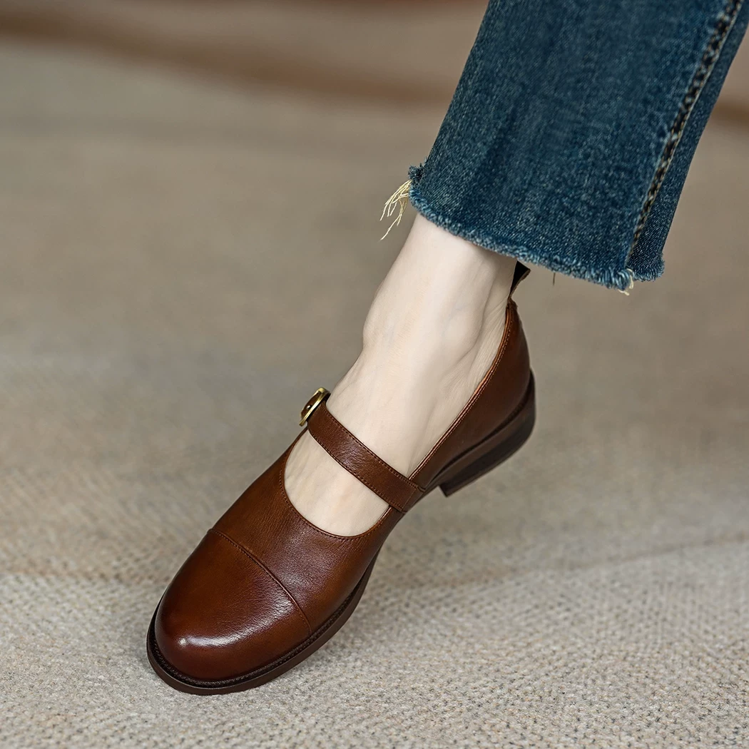 法式中跟单鞋女鞋子牛皮圆头通勤低跟浅口一字扣带玛丽珍鞋