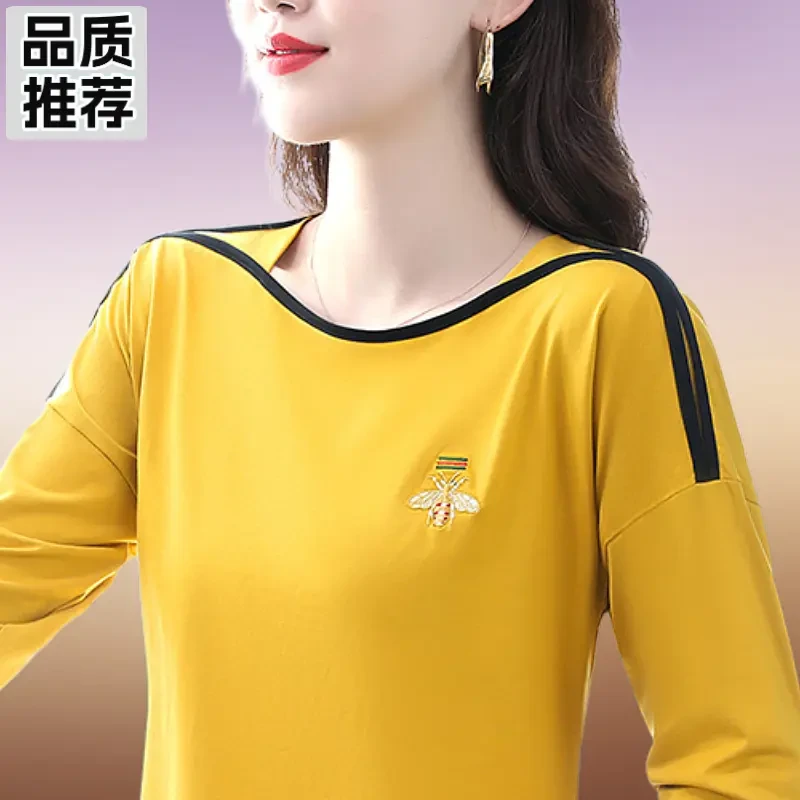 亮黄色长袖t恤女春秋季百搭时尚打底外穿小衫送妈妈好看潮运动装