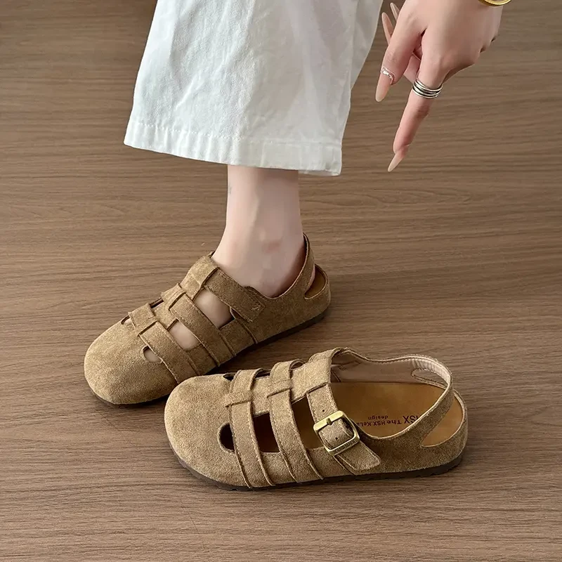 复古森系包头凉鞋女2025夏季新款两穿镂空半拖鞋编织软平底猪笼鞋