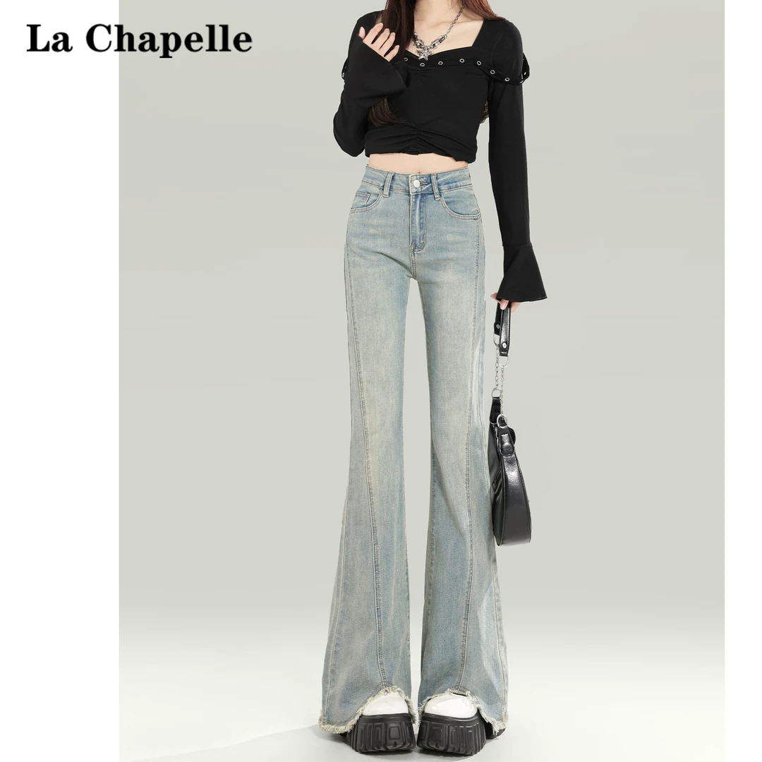 拉夏贝尔复古微喇牛仔裤女2025秋冬新款高腰修身显瘦毛边马蹄裤子