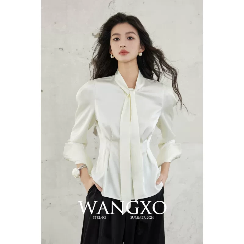 WANGXO|重磅奢贵高级双面缎光泽华丽|一体式飘带领收腰长袖衬衫女